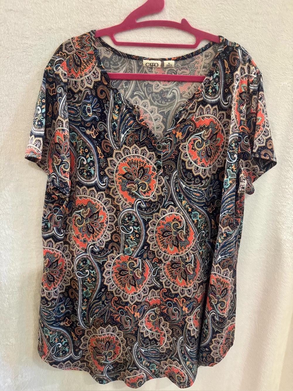 Cato Navy and Coral Paisley V-Neck Short-Sleeve Top